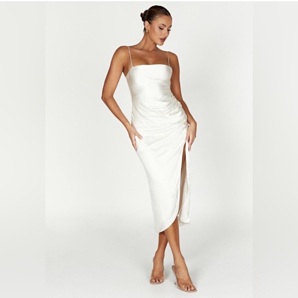 Meshki White Satin Slinky Ruched Slip Midi Dress with Thigh Slit Bridal